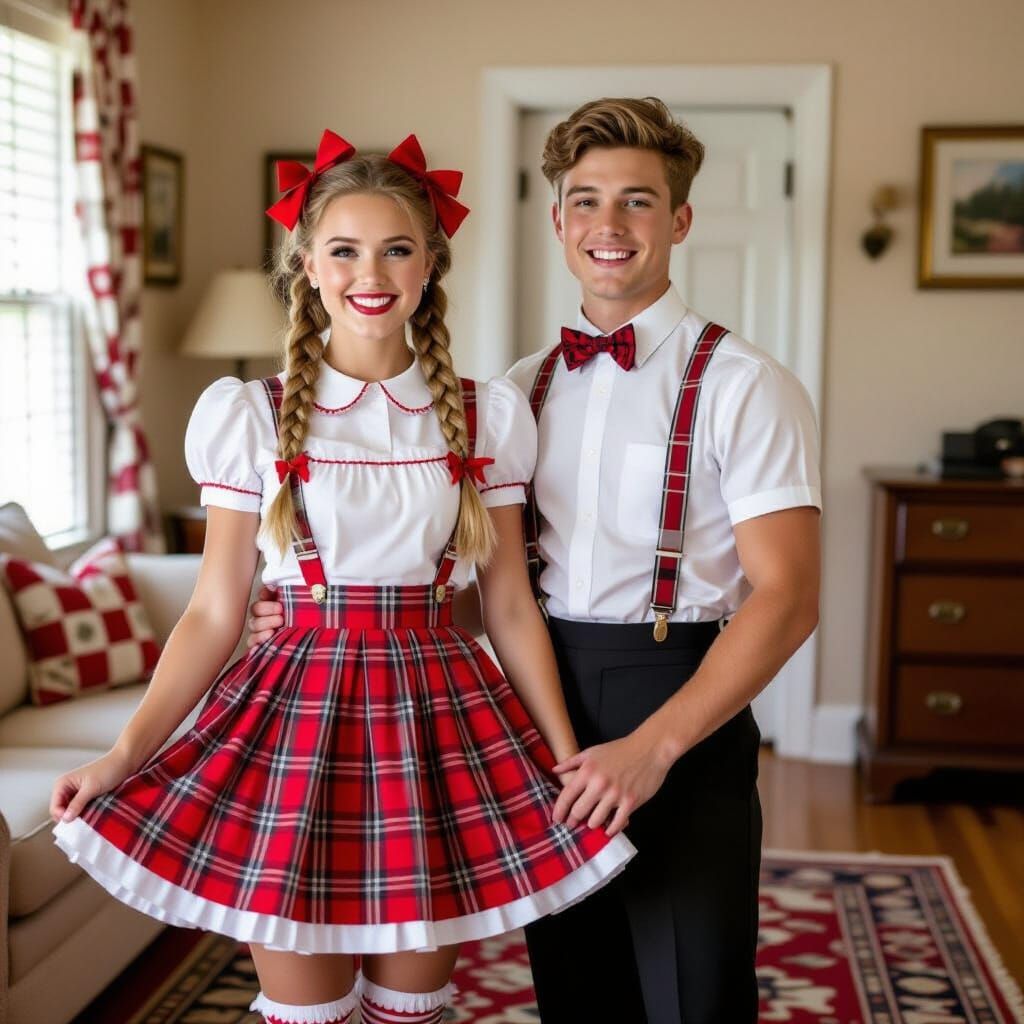 Joyful Woman and Man in Playful Living Room Scene