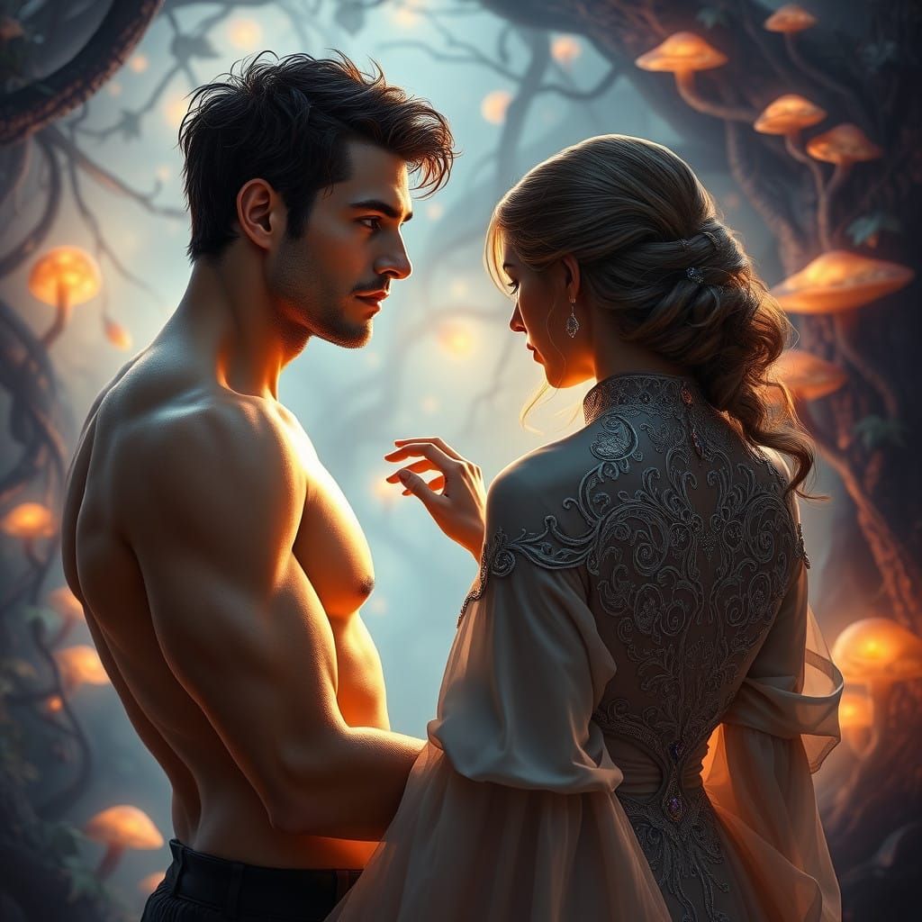 Man Admires Woman in Enchanted Forest Landscape
