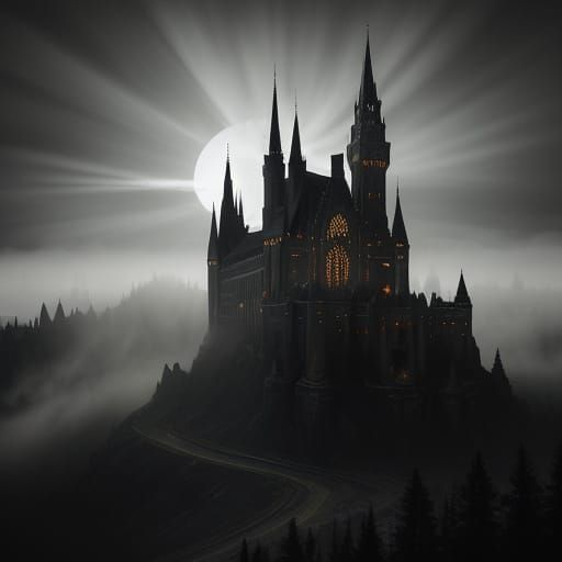Ethereal Gothic Castle Illuminated by Moonlit Mist