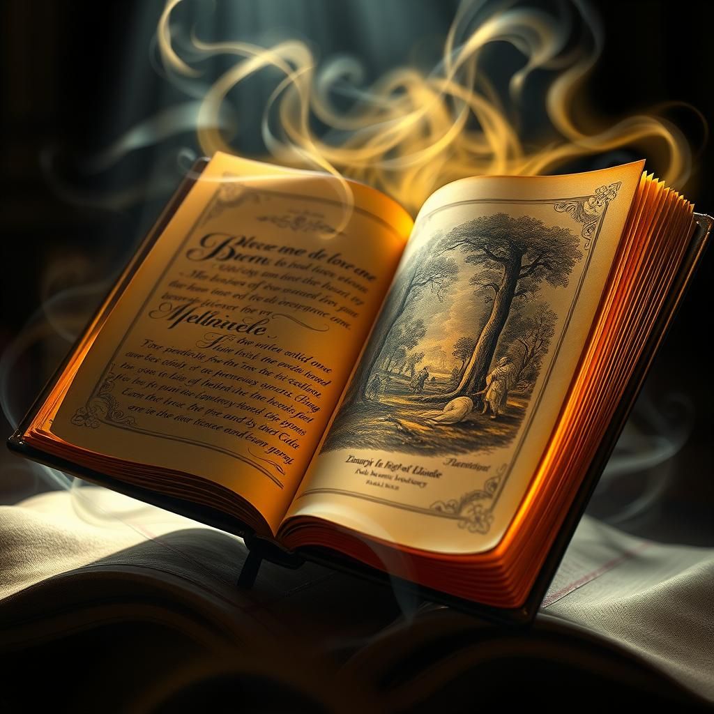 Ornate Book with Ethereal Scenes and Dystopian Elegance