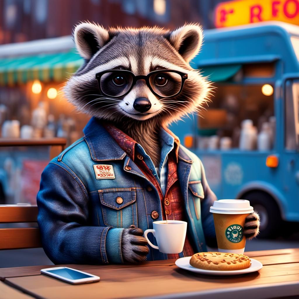 Dapper Raccoon Lounging in Front of Food Truck