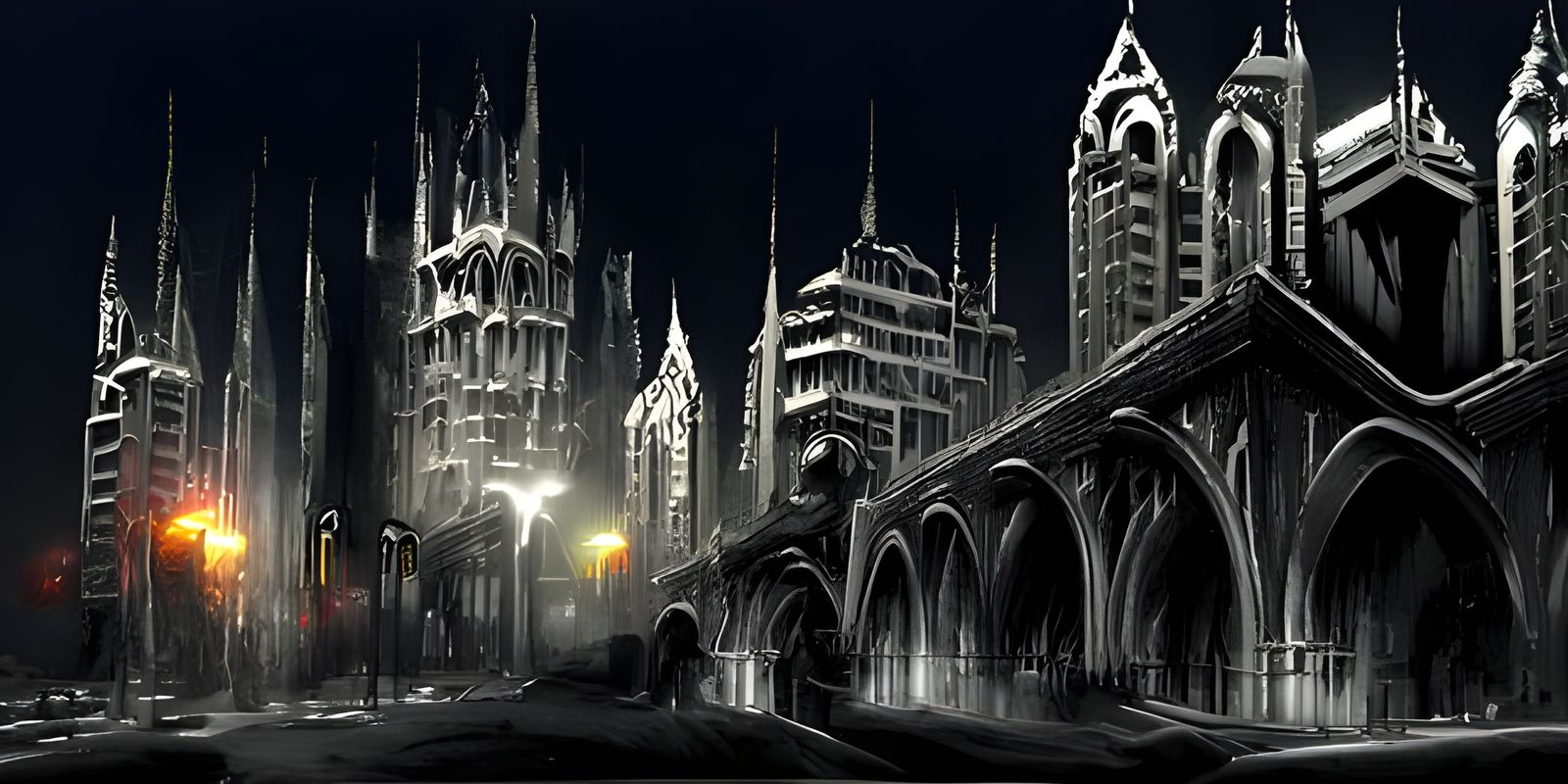Detailed Gothic Cityscape at Night in Film Noir Style