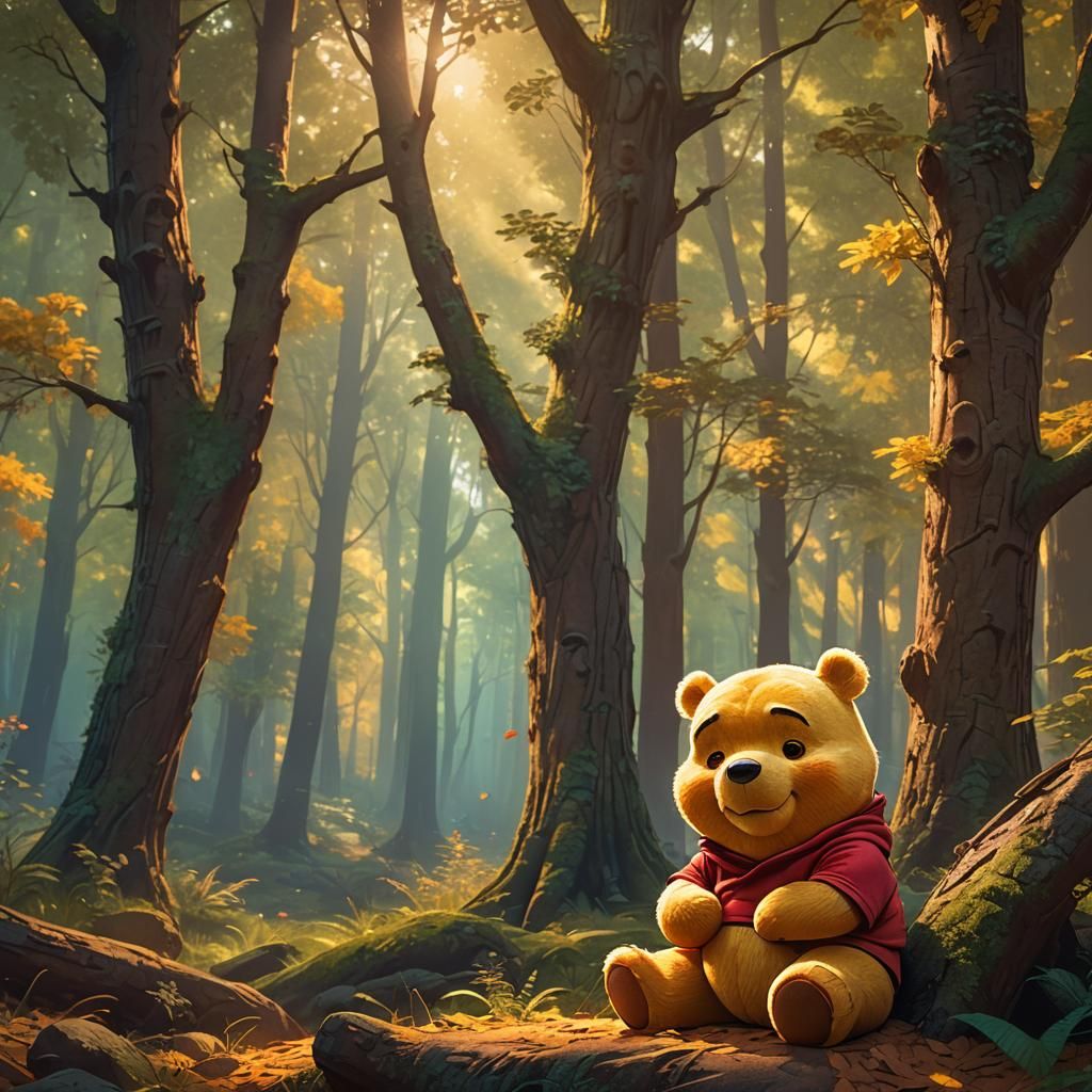 Thoughtful Pooh in Vibrant Forest: Hyper-Realistic Art