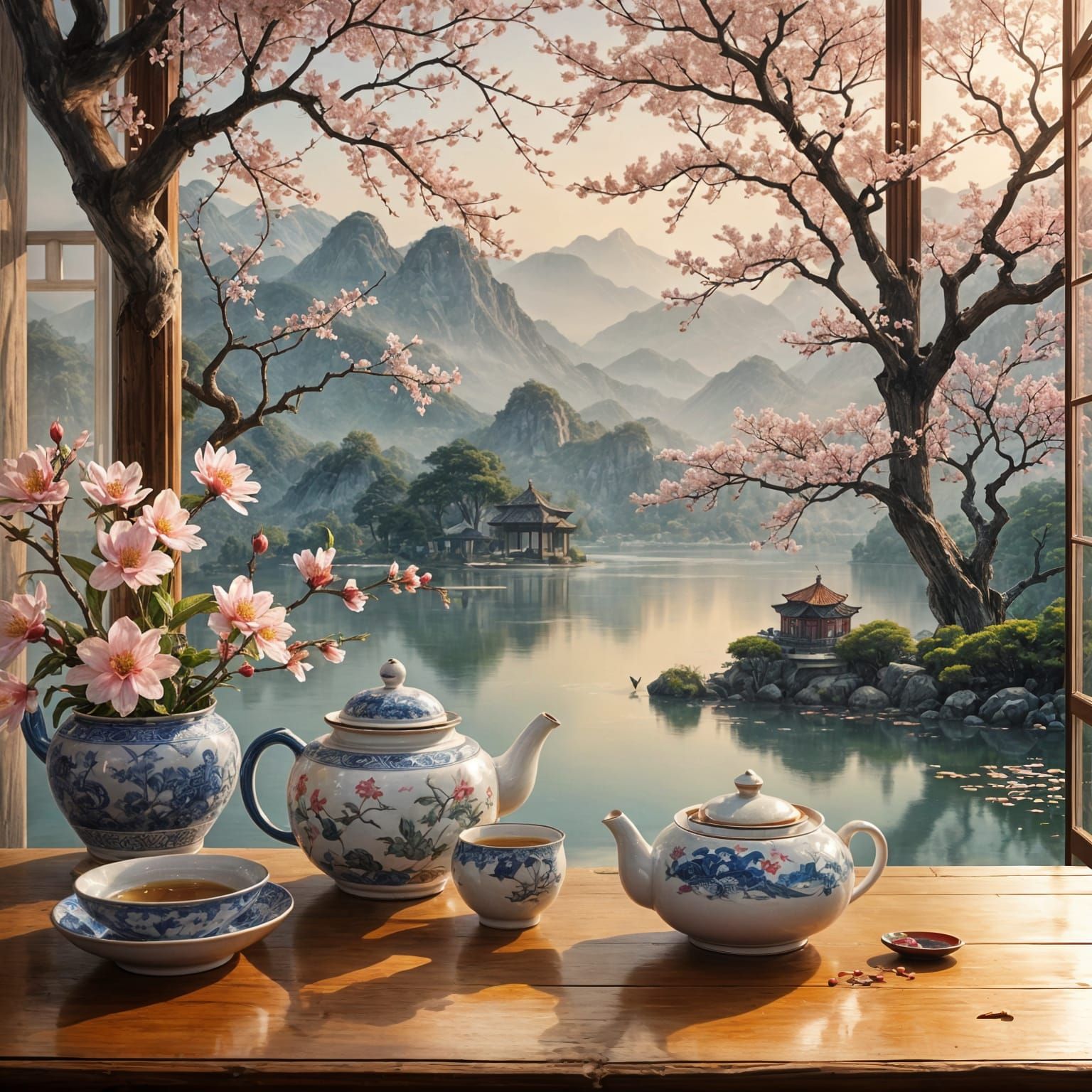 Chinese Teapot Overlooking Lake: Hyperdetailed Oil Painting