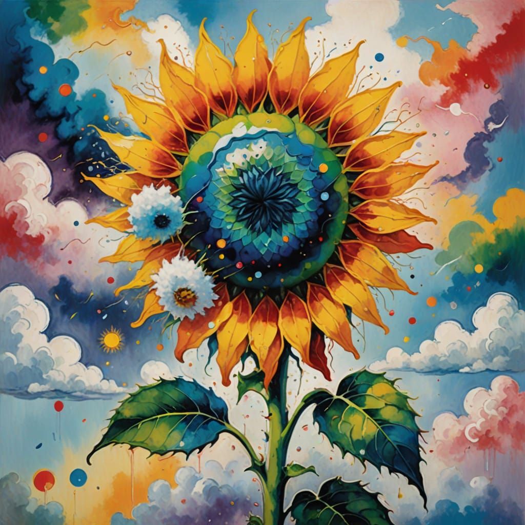 Vibrant Rainbow Sunflower Amidst Whimsical Cotton Candy Clou...