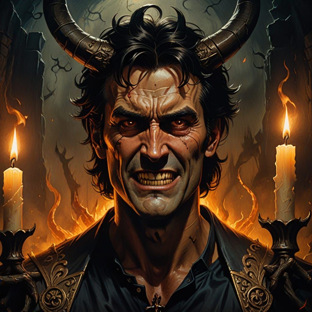 Ash Williams Bows to Dark Lord in Gothic Oil Painting