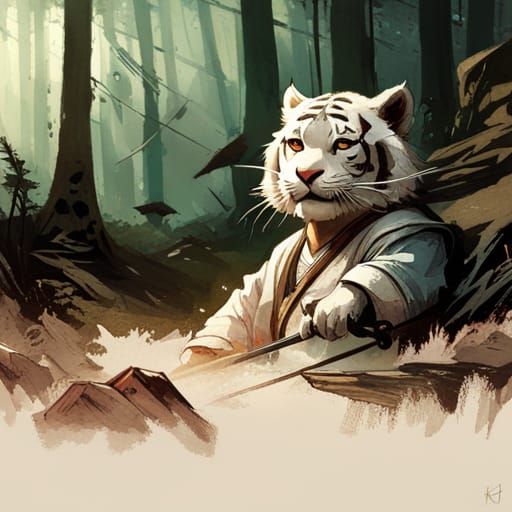 White Tiger Samurai Portrait in Forest, Matte Painting