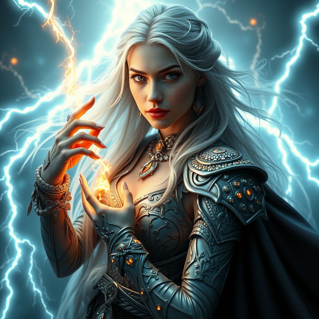 Ethereal Elven Sorceress in Neon Lightning Fractal Landscape