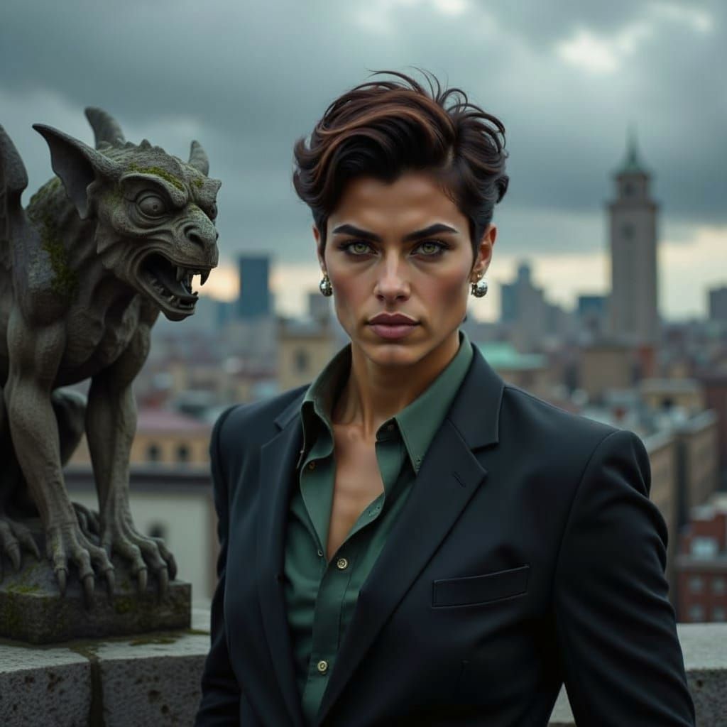 Butch Detective Woman Stands on Rooftop During Storm