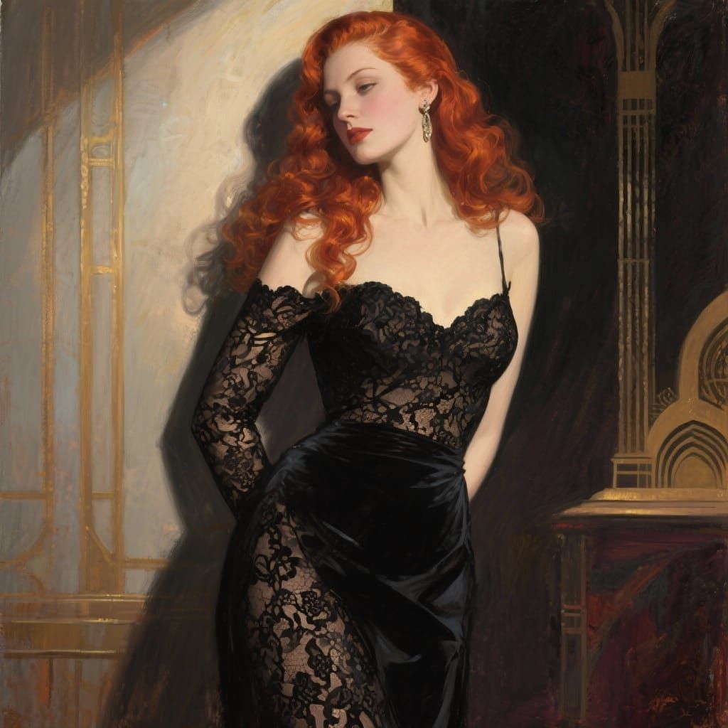 Elegant Woman in Lacy Gown, Art Deco Style