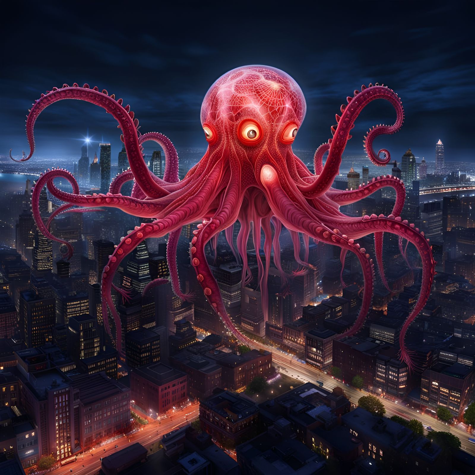 Luminous Multi-Armed Creature Over City Skyline