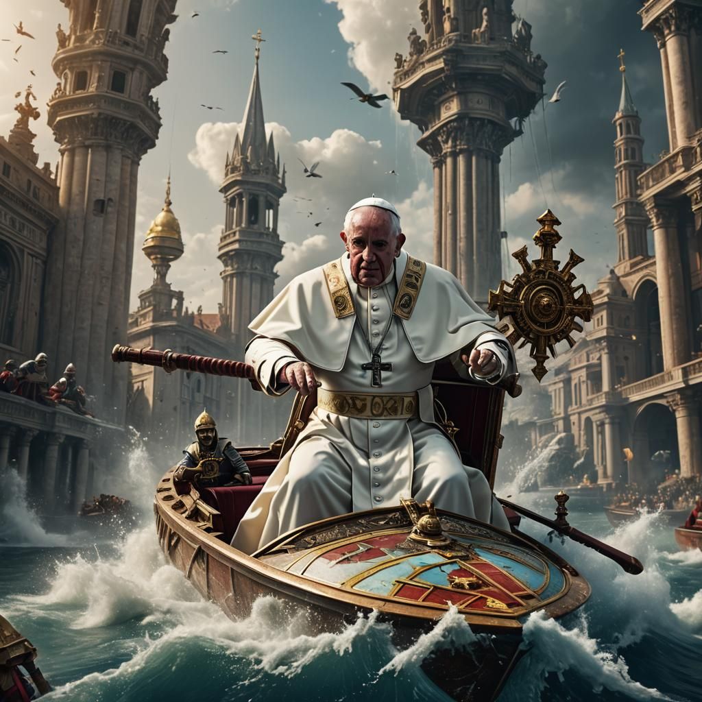 Pope Piloting RC Boat: Detailed Matte Painting