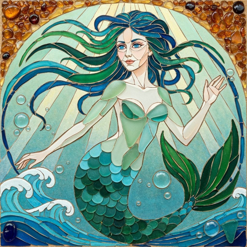 Sea Glass Mosaic Mermaid Portrait in Art Nouveau Style