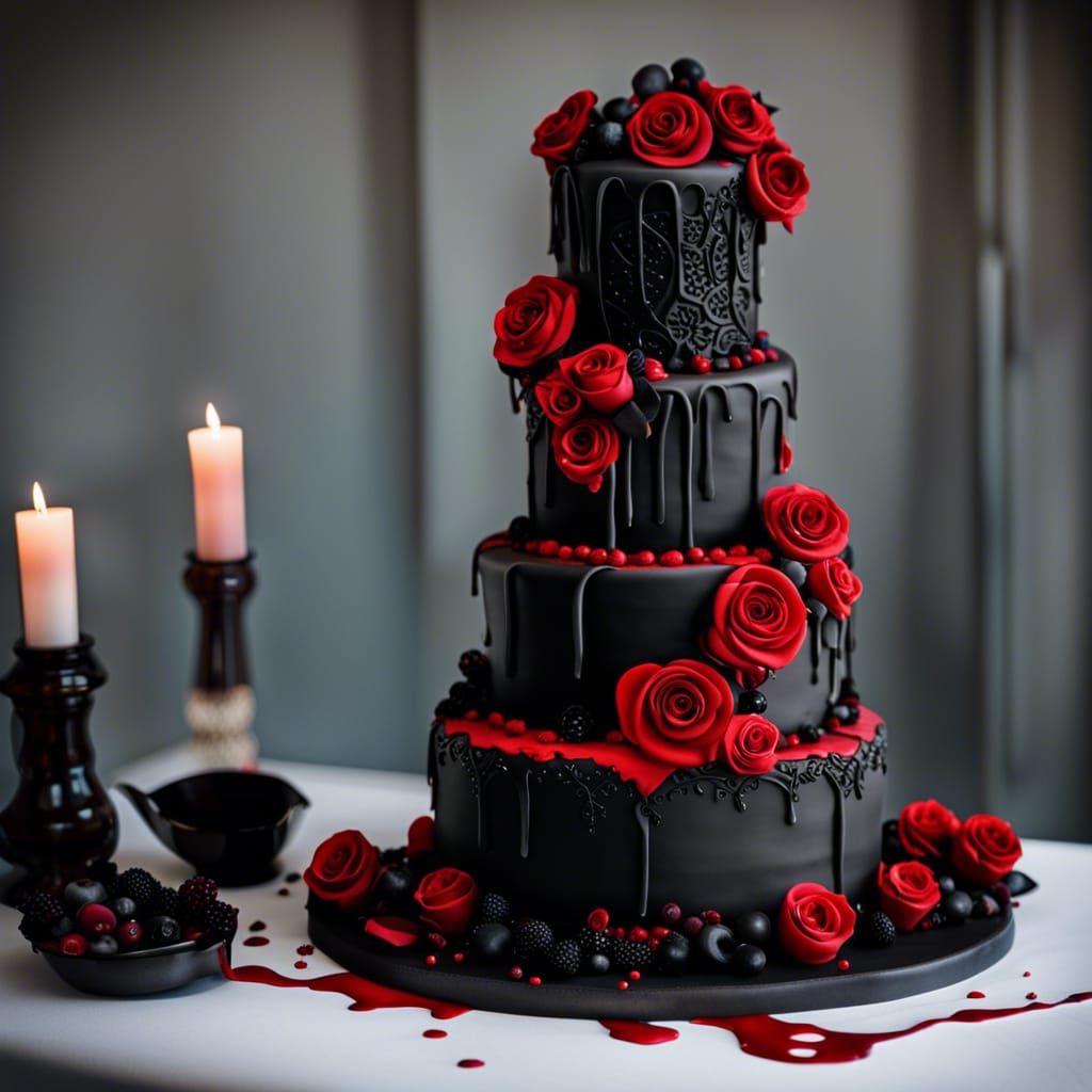 Gothic Wedding Cake with Red Ganache Drips