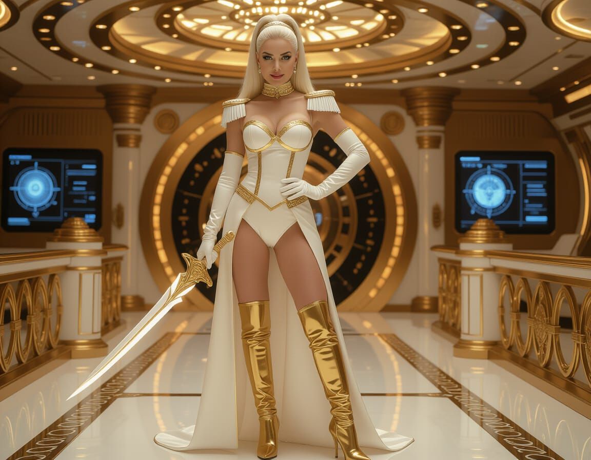 Admiral Seraph on Golden Sci-Fi Flagship Bridge