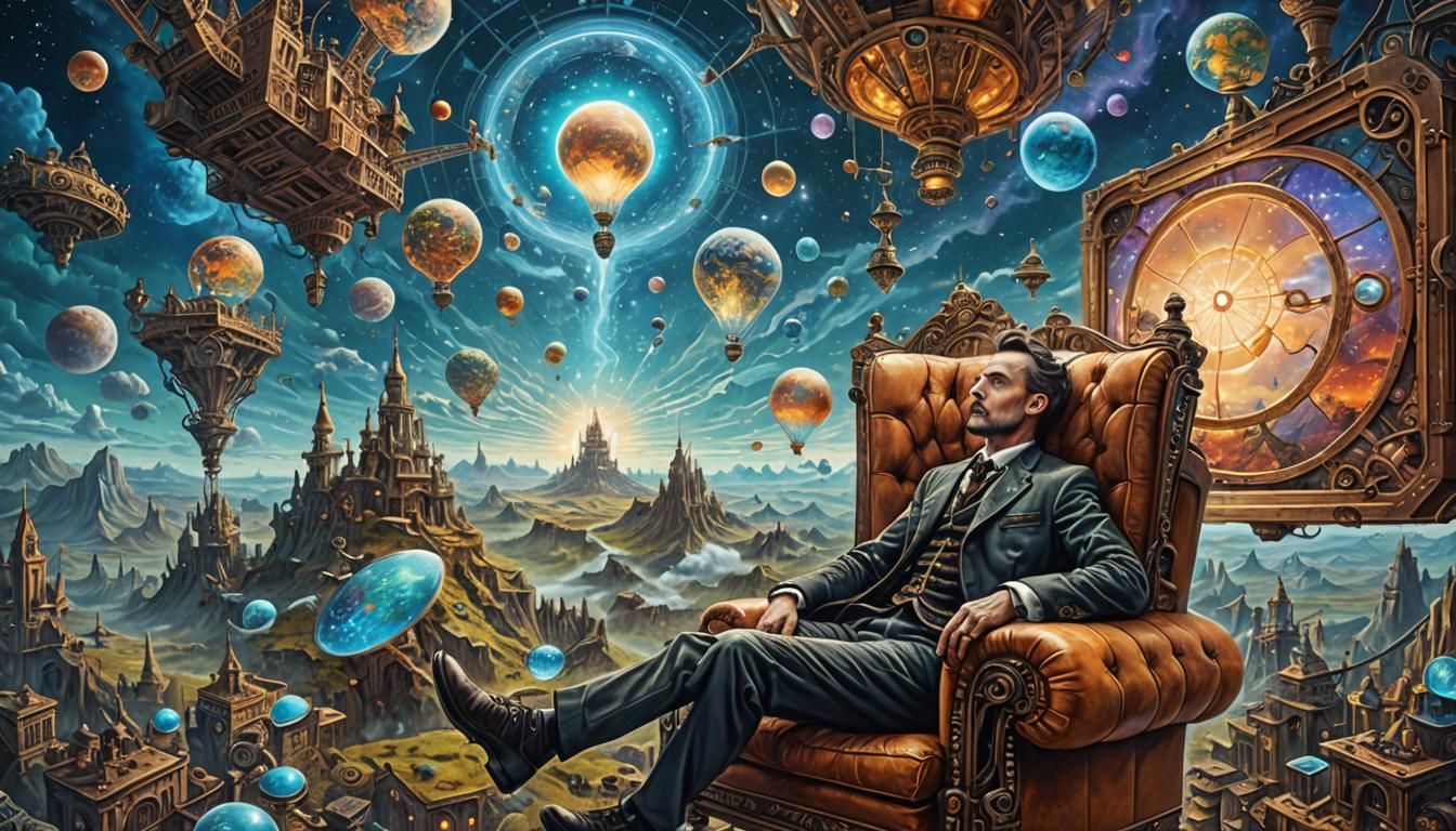 Man in Chair Floating in Astral Landscape