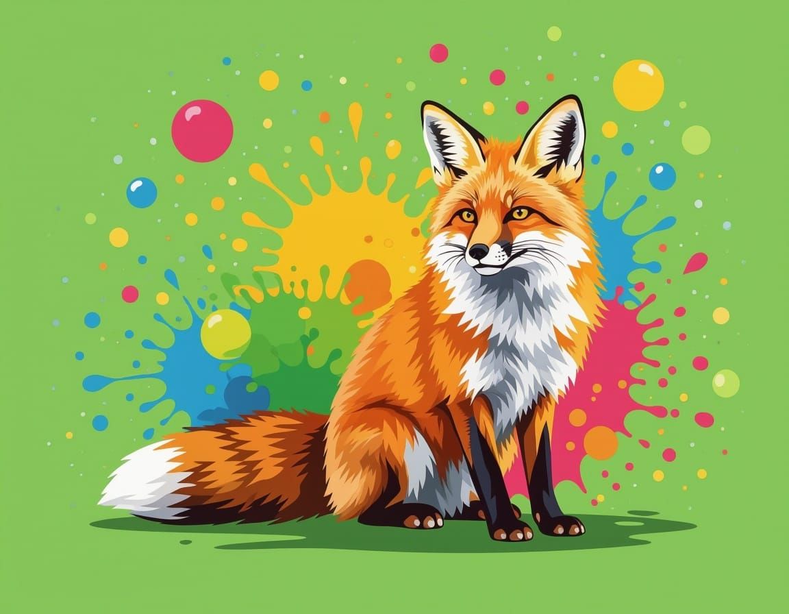 Vibrant Fox with Colorful Paint Splash and Bubbles