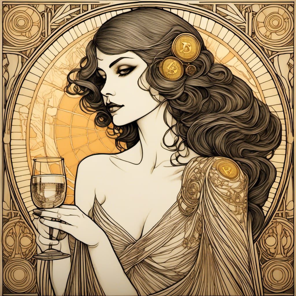 Bitcoin Woman with Martini in Art Deco Pyrography