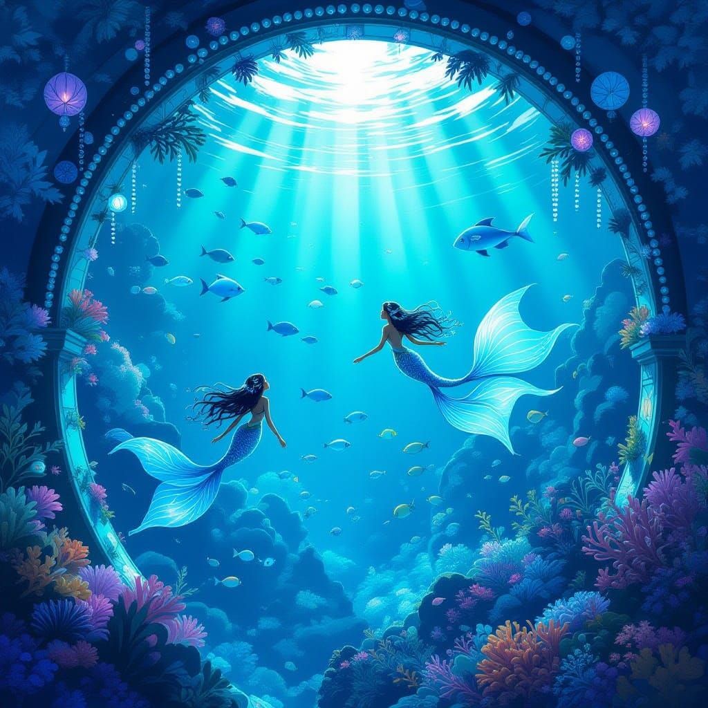 Ethereal Underwater City with Merfolk in Fantasy Style