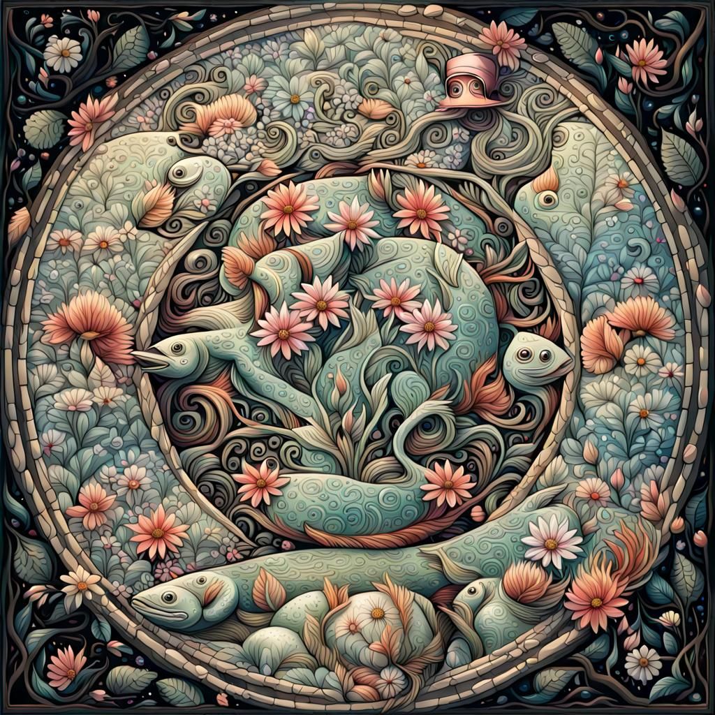 Girl with Fish in Flowering Meadow, Folk Art Style