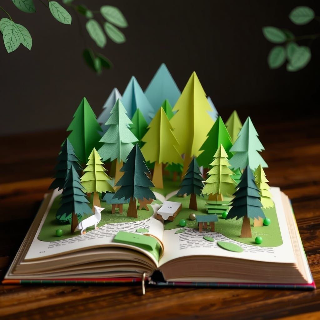 Origami Forest Rising From Open Book