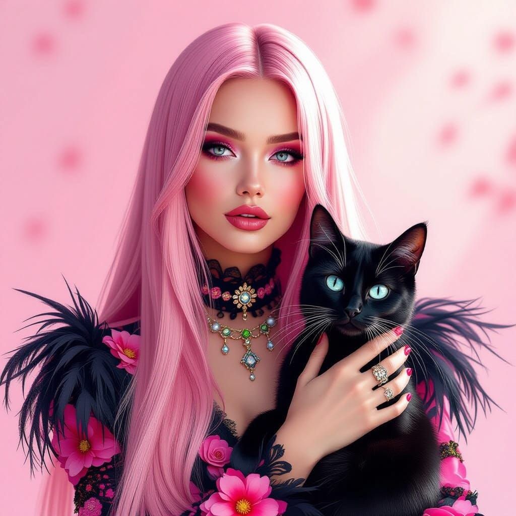 Pink-Haired Woman with Cat in Dreamy Portrait