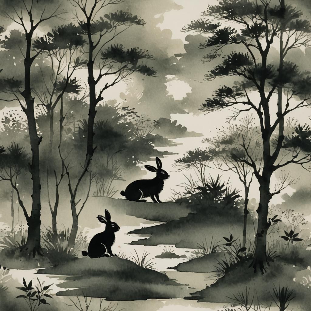 Rabbit Portrait in Sumi-e Ink Style