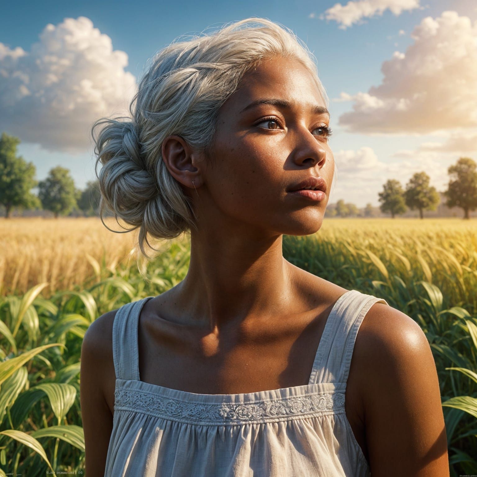 Hyperrealistic Woman in a Field of Flowers