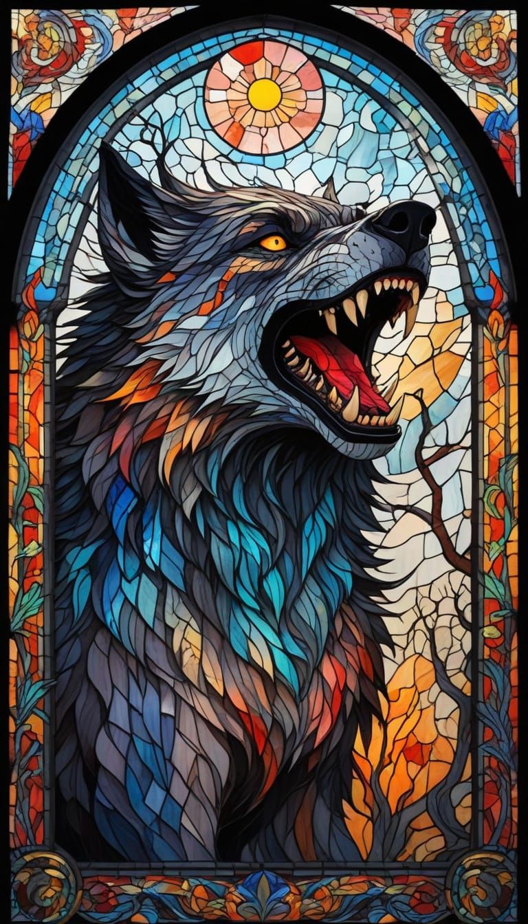 Gothic Glass Mosaic Depicts Sinister Werewolves in a Cloud o...