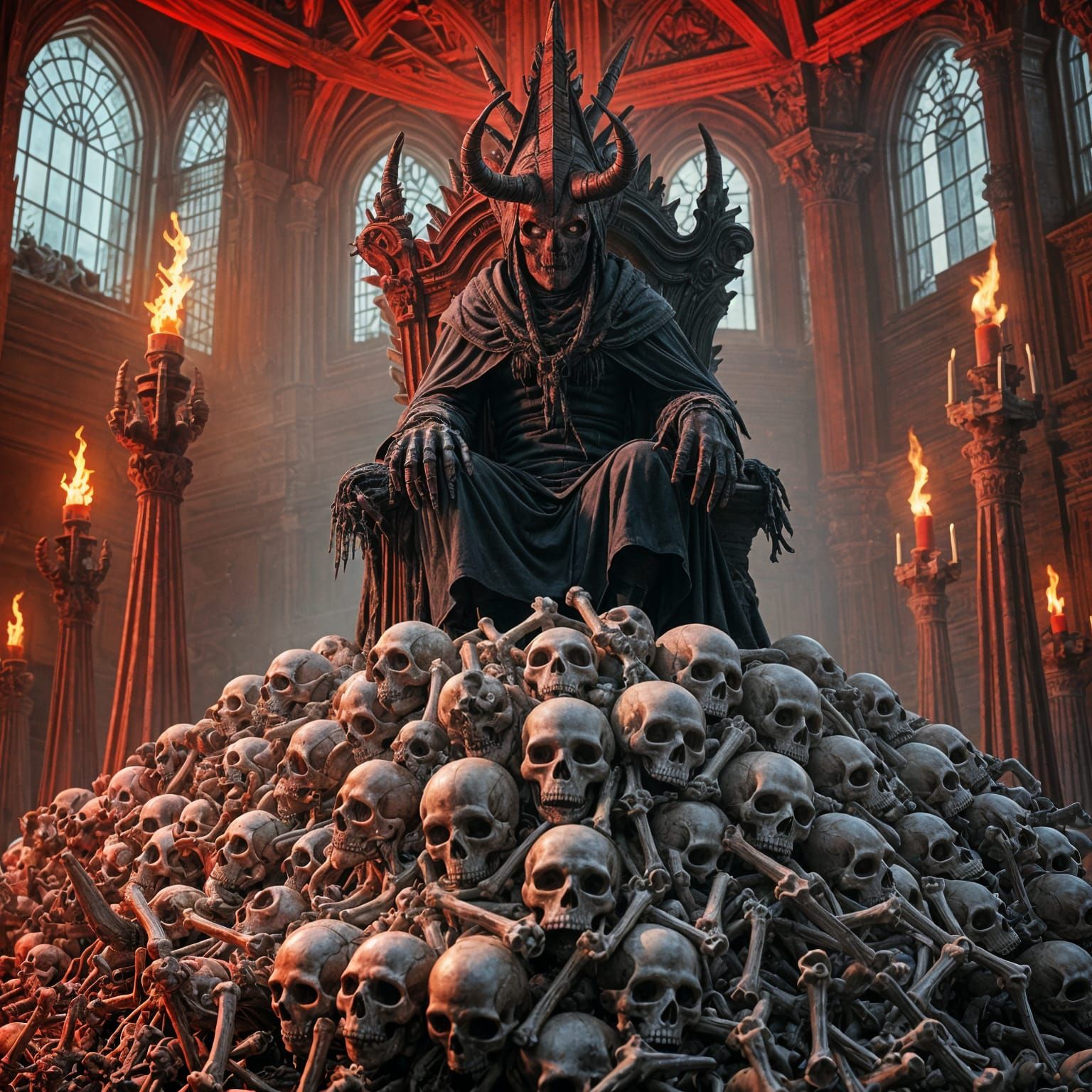 Evil Red Demon Reigns on Throne of Human Bones