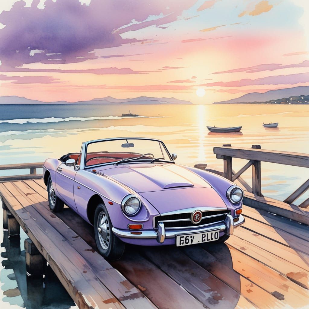 Vintage MG Roadster 1963 on Coastal Jetty in Watercolor Styl...