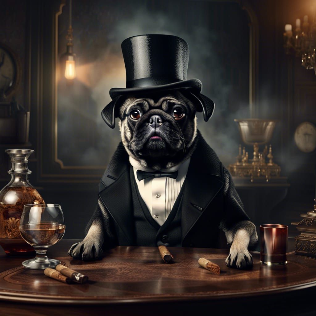 Pug Gentleman Enjoying Scotch, Digital Matte Painting