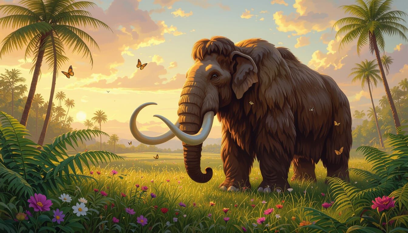 Woolly Mammoth in Art Nouveau Style Meadow
