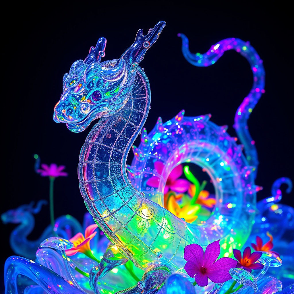 Bioluminescent Flora Inside Crystal Serpent Sculpture