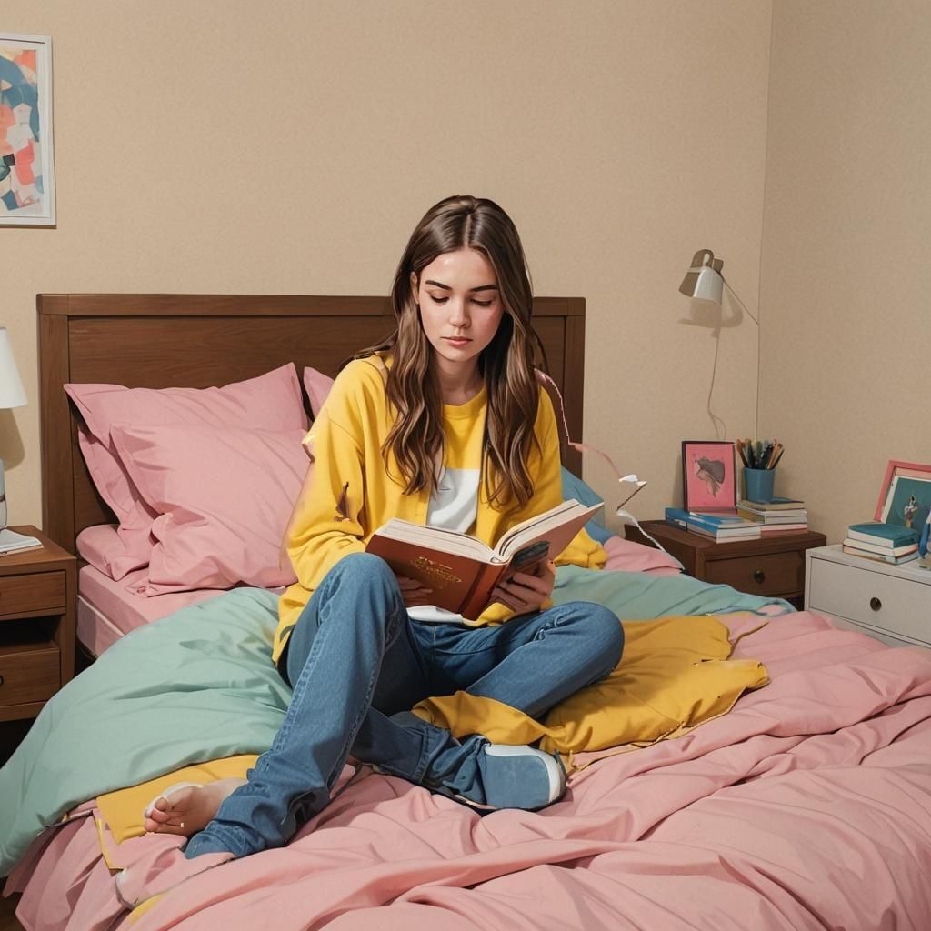 Vector Art of Girl Reading in Yellow Bedroom