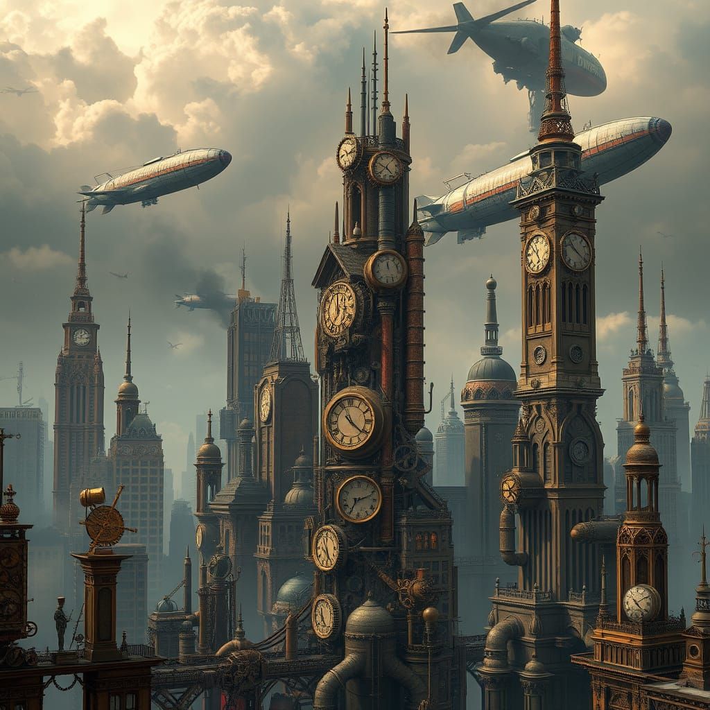 Steampunk Cityscape with Clockwork Airships