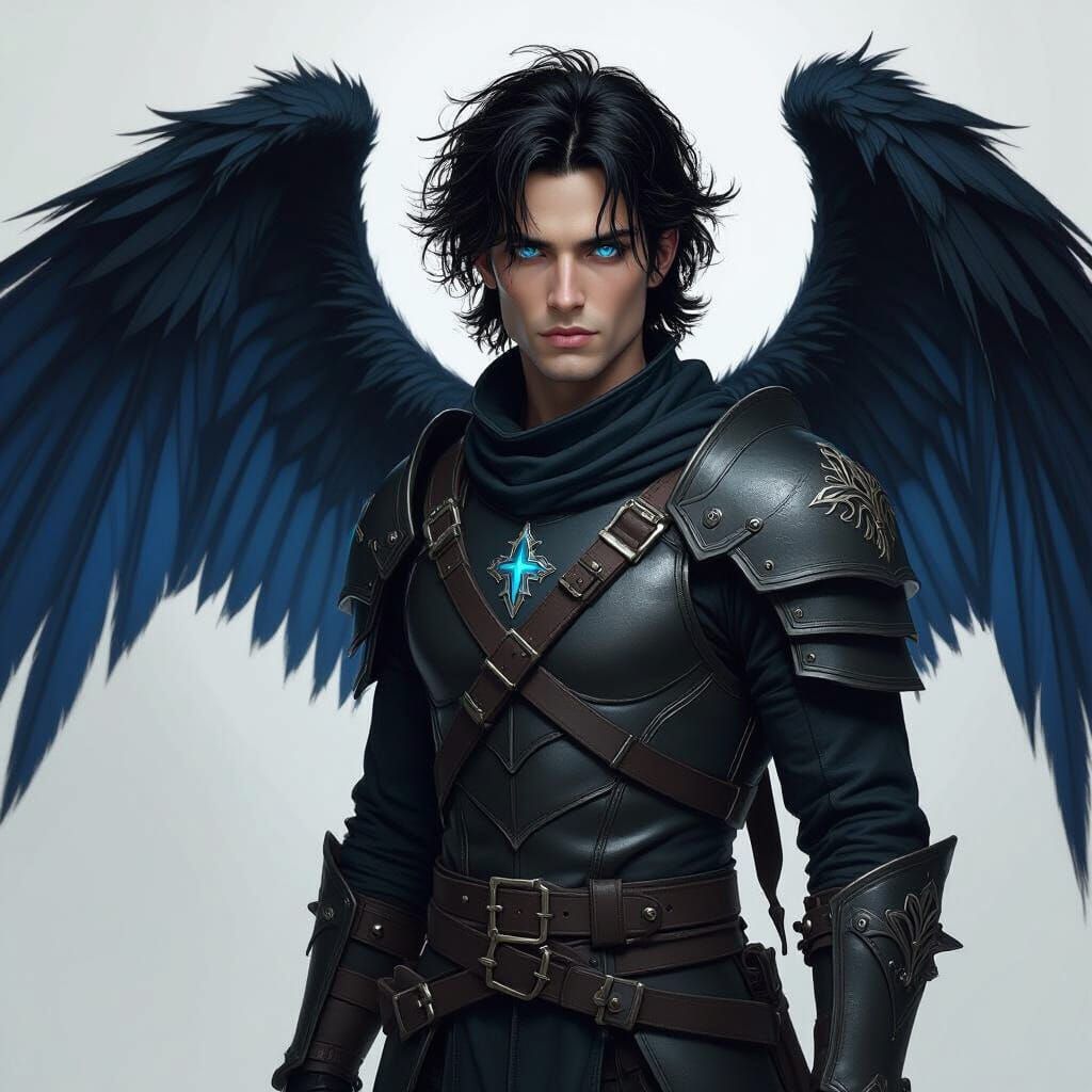 Aasimar Warrior with Black Wings in Dark Fantasy Style