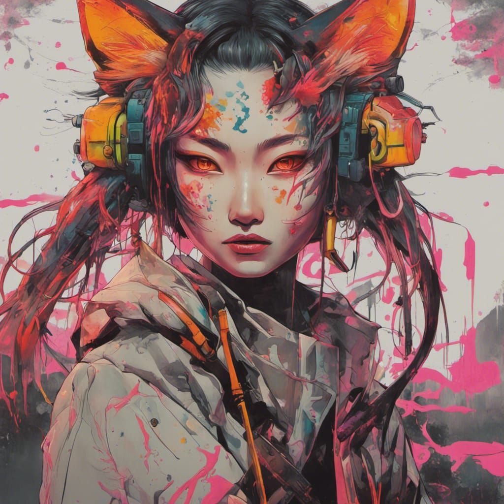 Cyberpunk Kitsune in Neon Graffiti Art Style