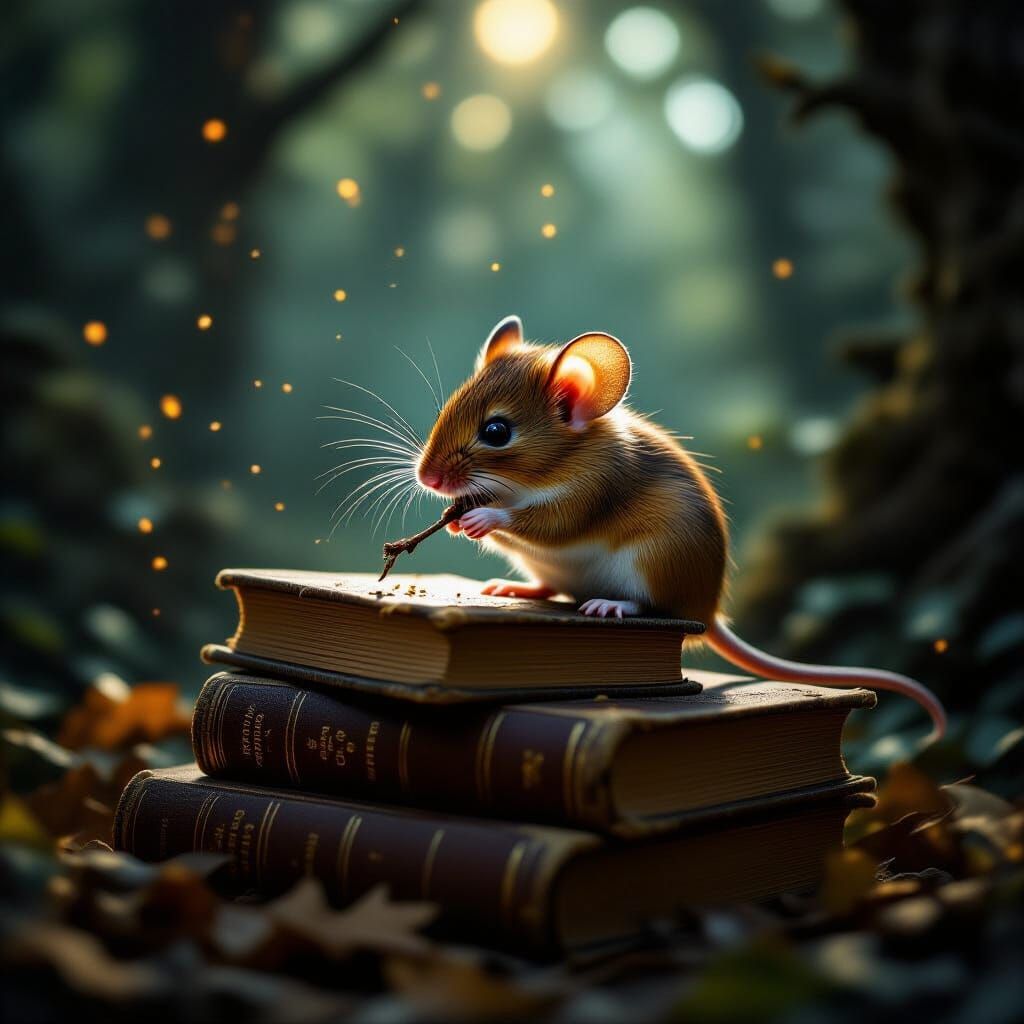Mouse on Books in Enchanted Forest, Photorealistic