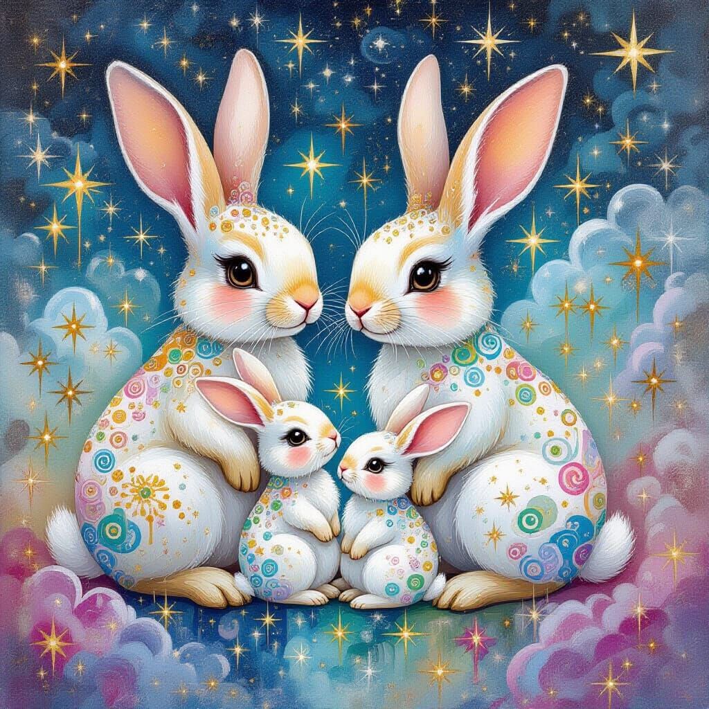 Enchanting Bunny Family in a Dreamlike Fantasy Landscape