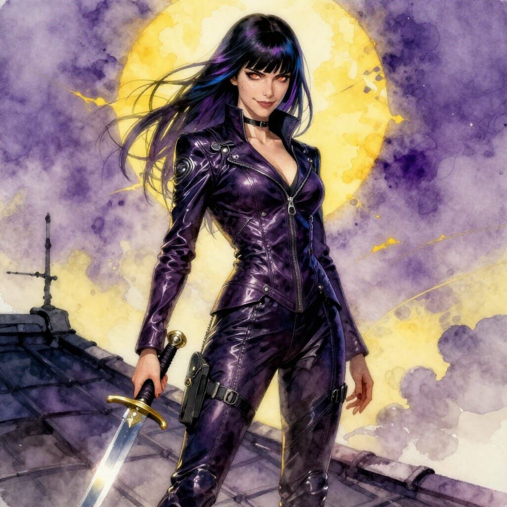 Dark Fantasy Woman on Rooftop in Watercolor Style