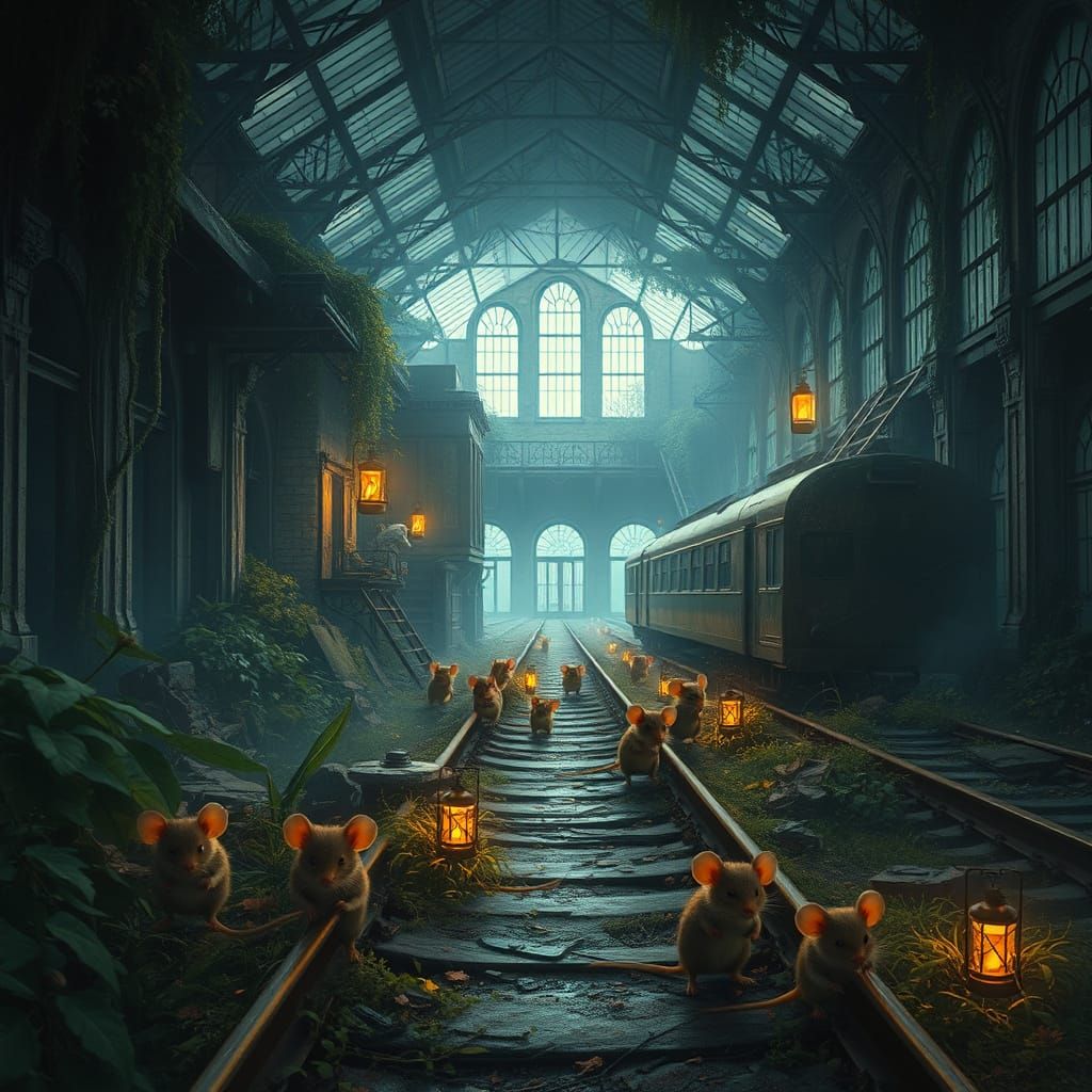 Whimsical Mice Explore Abandoned Train Station in Cyberpunk ...