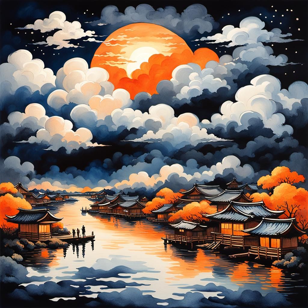 Illuminated Village Under Turbulent Sky in Gouache Style