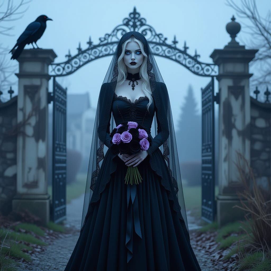 Ghostly Figure in Gothic Dress at Mansion Gate