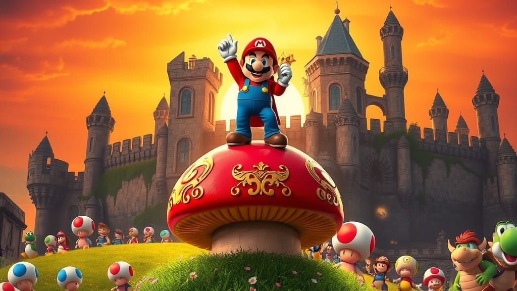 Mario Triumphant on Ancient Mushroom Amidst Vibrant Sunset