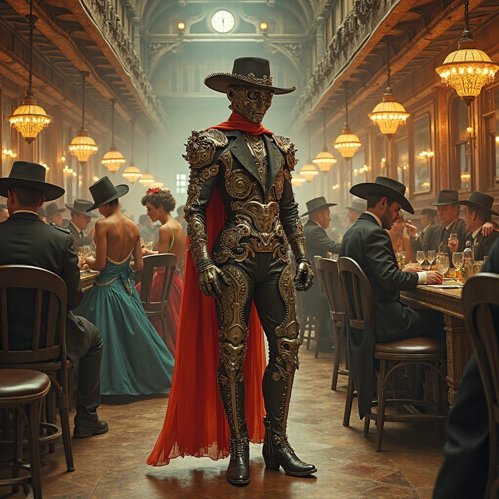 Cyborg Cowboy Enters Saloon in Steampunk Cyberpunk Style