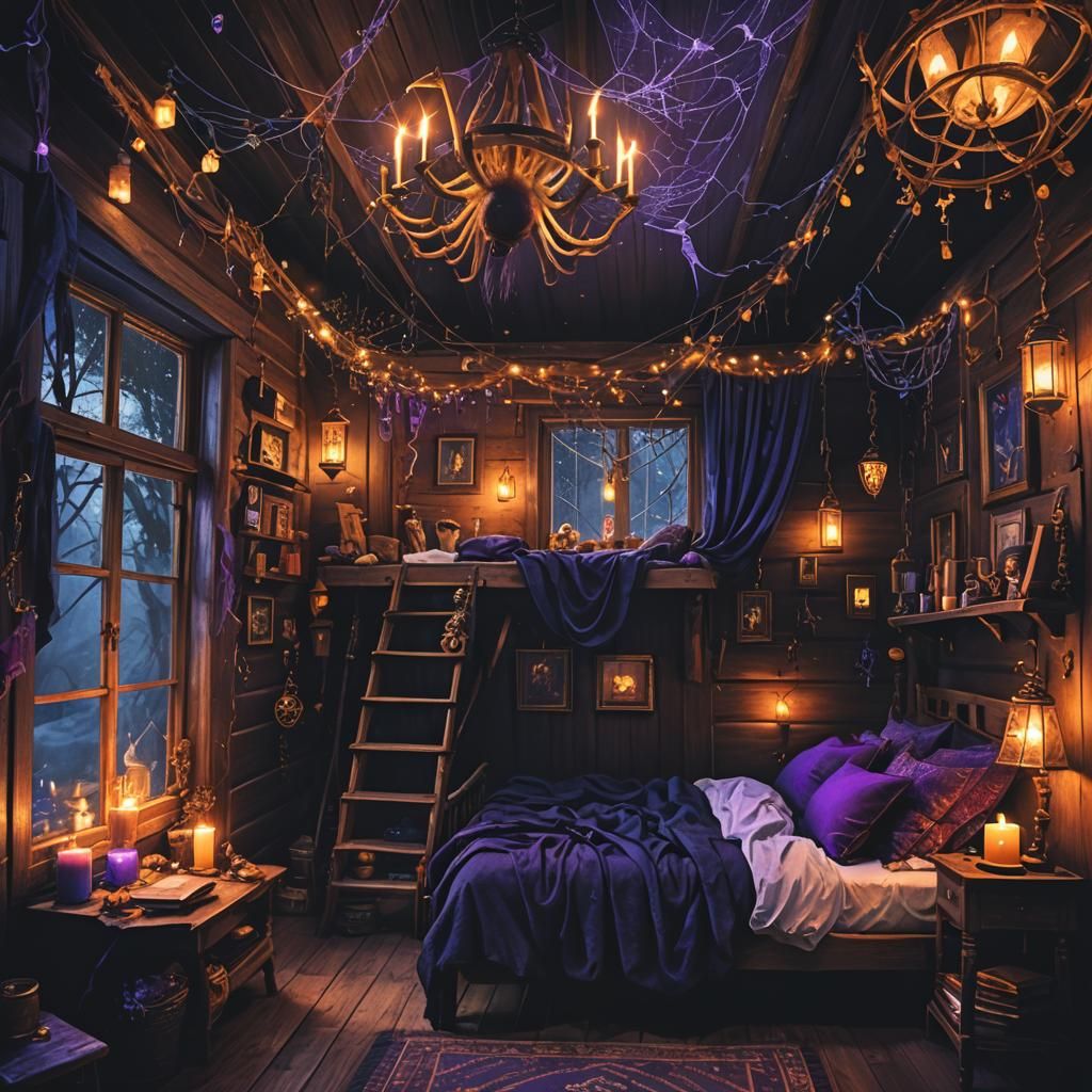 cozy cabin bedroom of the witch for halloween