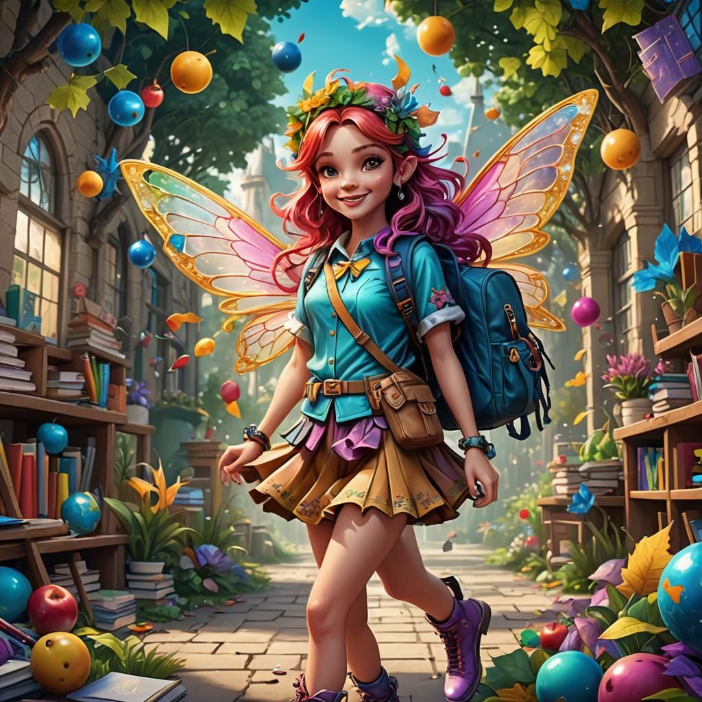Back to School Fairy in Coloring Book Style