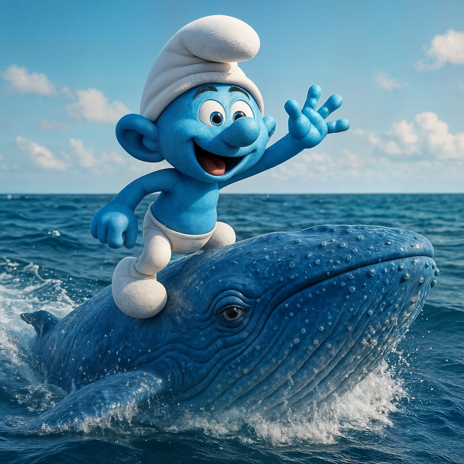 Happy Smurf Rides Giant Blue Whale CGI
