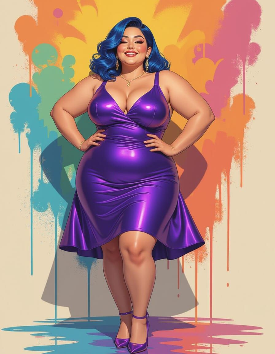 Psychedelic Portrait of a Smiling Woman in Metallic Dress